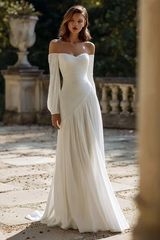 Graceful Sweetheart Long Sleeves Chiffon Prom Dresses Floor Length With Zipper Pleats