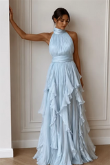 Timeless Dusty Blue Halter Sleeveless Chiffon Prom Dresses Floor Length With Pleats