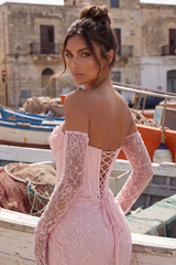 Glamorous Pink Strapless Sleeveless Lace Mermaid Prom Dresses Sheath With Lace-Up Back