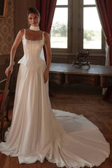 Elegant Straps Sleeveless Satin Prom Dresses Beading Long With Pleats