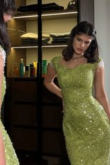 Chic Green Sweetheart Short Sleeves Mermaid Prom Dresses Floor Length With Lace-Up Back