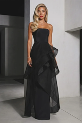 Timeless Black Strapless Sleeveless Satin Prom Dresses Floor Length With Pleats