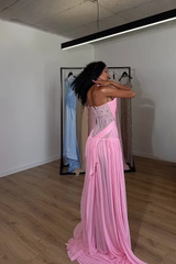 Charming Pink Strapless Sleeveless Chiffon Prom Dresses Gem Pleats With Lace-Up Back