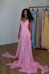 Charming Pink Strapless Sleeveless Chiffon Prom Dresses Gem Pleats With Lace-Up Back