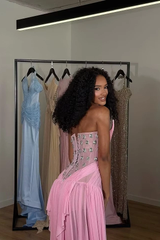 Charming Pink Strapless Sleeveless Chiffon Prom Dresses Gem Pleats With Lace-Up Back