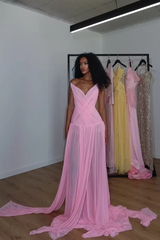 Charming Pink Strapless Sleeveless Chiffon Prom Dresses Gem Pleats With Lace-Up Back