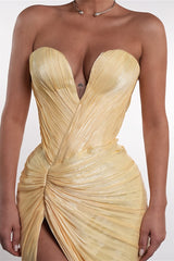Elegant Sweetheart Strapless Sleeveless Mermaid Prom Dresses High Split With Pleats Zipper