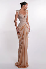 Graceful Sweetheart Short Sleeves Mermaid Prom Dresses Floor Length Beads With Lace-Up Back