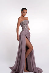 Glamorous Purple Strapless Sleeveless Mermaid Prom Dresses High Split With Lace-Up Back