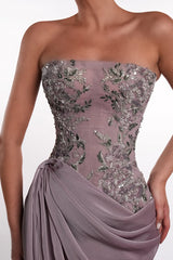 Glamorous Purple Strapless Sleeveless Mermaid Prom Dresses High Split With Lace-Up Back