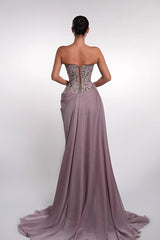 Glamorous Purple Strapless Sleeveless Mermaid Prom Dresses High Split With Lace-Up Back