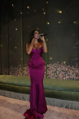 Pretty Purple Sweetheart Strapless Sleeveless Satin Mermaid Prom Dresses Sheath With Pleats