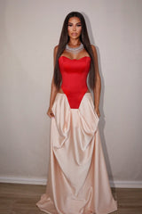 Glamorous Strapless Sleeveless Satin Prom Dresses Floor Length With Pleats