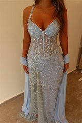 Dazzling Sky Blue Halter Sleeveless Sweetheart Mermaid Prom Dresses Sheath With High Split