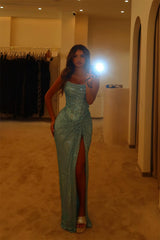 Charming Dusty Blue Spaghetti-Straps Sleeveless Mermaid Prom Dresses High Split With Pleats
