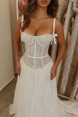 Timeless Spaghetti-Straps Sleeveless Lace Prom Dresses A-Line Long With Pleats