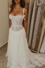Timeless Spaghetti-Straps Sleeveless Lace Prom Dresses A-Line Long With Pleats