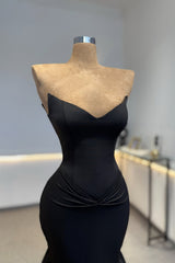Romantic Black Strapless Sleeveless Satin Mermaid Prom Dresses Column With Pleats