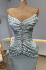 Luxurious Dusty Blue Sweetheart Strapless Sleeveless Mermaid Prom Dresses Floor Length With Pleats