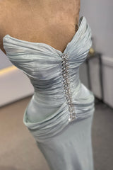 Luxurious Dusty Blue Sweetheart Strapless Sleeveless Mermaid Prom Dresses Floor Length With Pleats