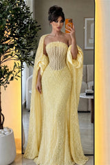 Luxurious Daffodil Strapless Sleeveless Mermaid Prom Dresses Pearls Column With Wrap