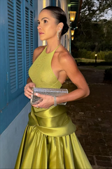 Timeless Dusty Sage Halter Sleeveless Satin Prom Dresses A-Line With Pleats
