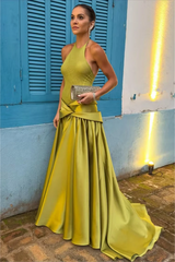 Timeless Dusty Sage Halter Sleeveless Satin Prom Dresses A-Line With Pleats
