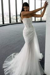 Elegant White Strapless Sleeveless Mermaid Tulle Prom Dresses Gem With Zipper Pleats