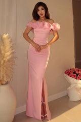 Chic Dusty Pink Off The Shoulder Satin Mermaid Prom Dresses Floor Length With Split