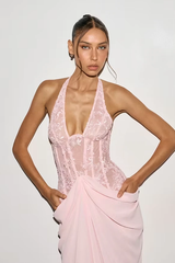 Glamorous Pink Halter Sleeveless Lace Mermaid Prom Dresses Floor Length With Pleats