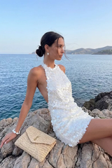 Dazzling White Halter Sleeveless Mini Backless Homecoming Dresses