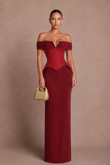 Romantic Burgundy Off The Shoulder Mermaid Prom Dresses Floor Length With Pleats