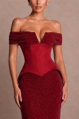 Romantic Burgundy Off The Shoulder Mermaid Prom Dresses Floor Length With Pleats