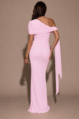 Elegant Pink Asymmetrical Mermaid Prom Dresses Floor Length With Pleats