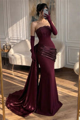 Luxurious Strapless Sleeveless Satin Mermaid Prom Dresses Sheath With Lace-Up Back