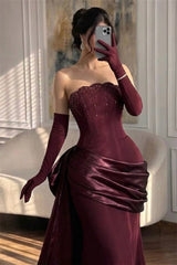 Luxurious Strapless Sleeveless Satin Mermaid Prom Dresses Sheath With Lace-Up Back