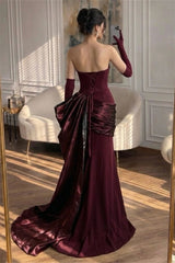 Luxurious Strapless Sleeveless Satin Mermaid Prom Dresses Sheath With Lace-Up Back