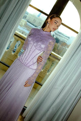 Charming Lilac Long Sleeves A-Line Prom Dresses Floor Length With Pleats