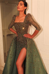 Dazzling Square Long Sleeves Mermaid Prom Dresses Gem Column With High Split