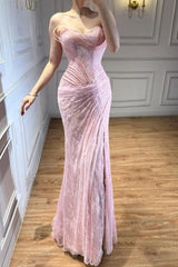 Romantic Sweetheart Strapless Sleeveless Mermaid Lace Prom Dresses High Split With Pleats