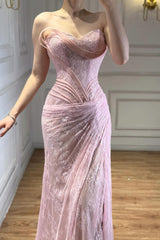 Romantic Sweetheart Strapless Sleeveless Mermaid Lace Prom Dresses High Split With Pleats