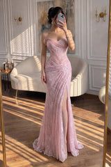 Romantic Sweetheart Strapless Sleeveless Mermaid Lace Prom Dresses High Split With Pleats