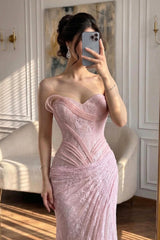 Romantic Sweetheart Strapless Sleeveless Mermaid Lace Prom Dresses High Split With Pleats