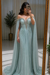 Luxurious Dusty Blue Off The Shoulder Mermaid Prom Dresses Floor Length With Pleats Ruffles