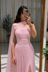 Chic Pink Strapless Sleeveless Chiffon A-Line Prom Dresses High Split With Pleats