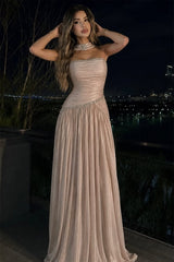 Luxurious Strapless Sleeveless A-Line Prom Dresses Floor Length Gem With Pleats
