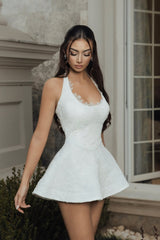 Elegant White Halter Sleeveless Satin Lace Mini Homecoming Dresses