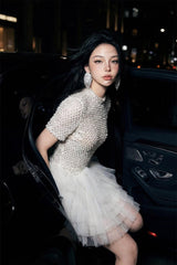 Dazzling Short Sleeves Tulle Homecoming Dresses Mini Pearl With Pleats