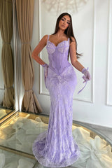 Luxurious Lilac Spaghetti-Straps Sweetheart Sleeveless Lace Prom Dresses Mermaid With Beading