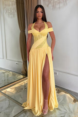 Graceful Yellow Halter Off The Shoulder Chiffon Lace Prom Dresses High Split With Pleats